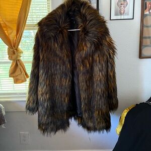 Current Mood Faux Fur Coat in Black, Green, and Orange